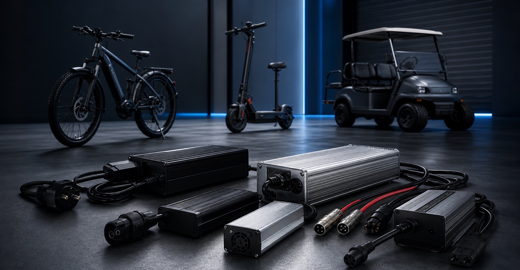 High-end battery charger and cables with e-bike, scooter and golf cart applications