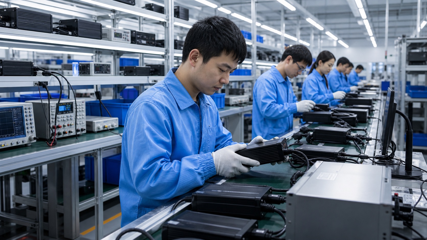 Modern charger production line with engineers and testing equipment