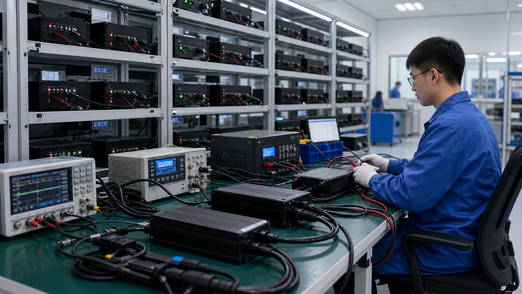 Aging test racks and electrical performance testing for chargers