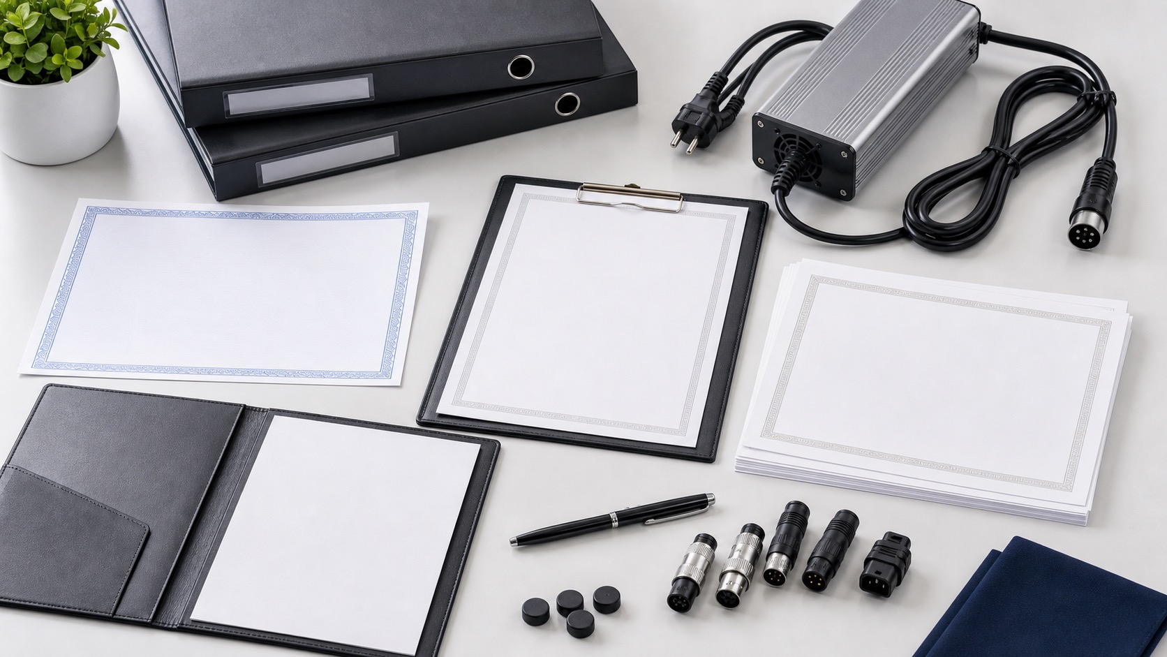 Certificates and documents with charger samples on clean desk